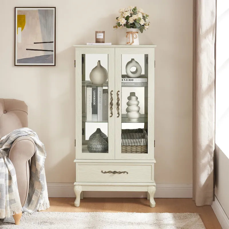 Lighted Glass Display Cabinet with 2 Doors and 1 Drawer