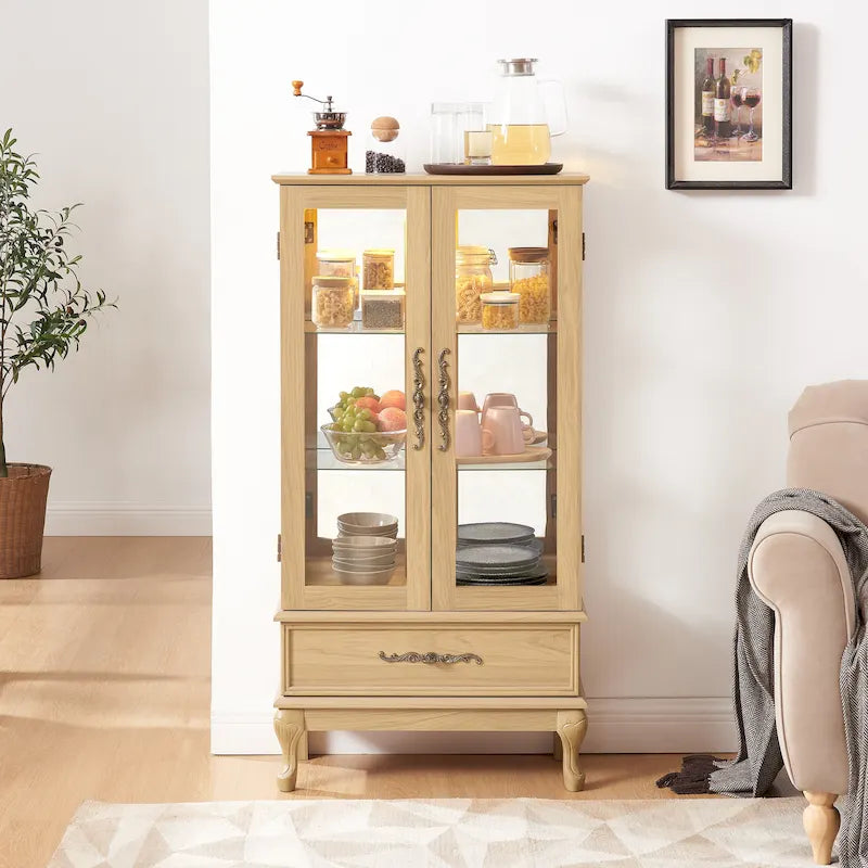 Lighted Glass Display Cabinet with 2 Doors and 1 Drawer