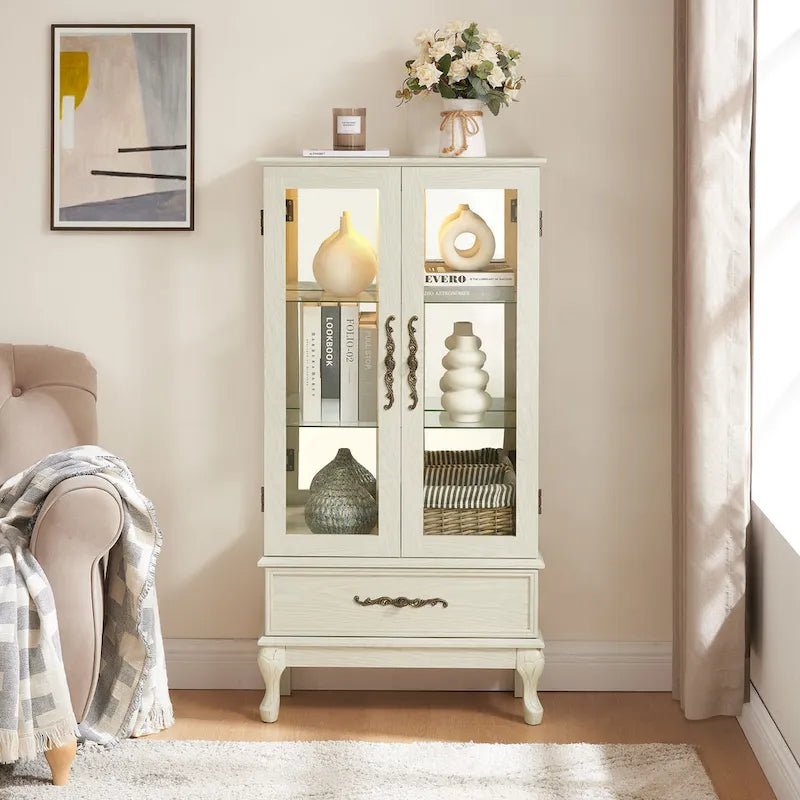 Lighted Glass Display Cabinet with 2 Doors and 1 Drawer
