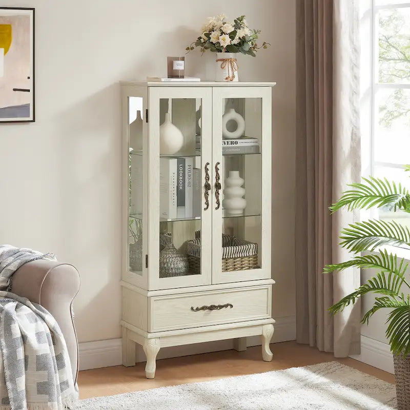 Lighted Glass Display Cabinet with 2 Doors and 1 Drawer