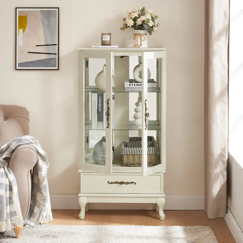 Lighted Glass Display Cabinet with 2 Doors and 1 Drawer