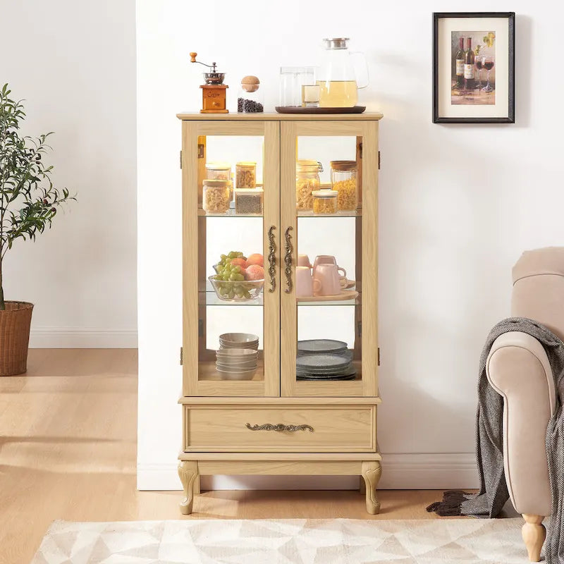 Lighted Glass Display Cabinet with 2 Doors and 1 Drawer