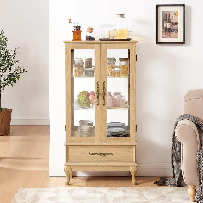 Lighted Glass Display Cabinet with 2 Doors and 1 Drawer