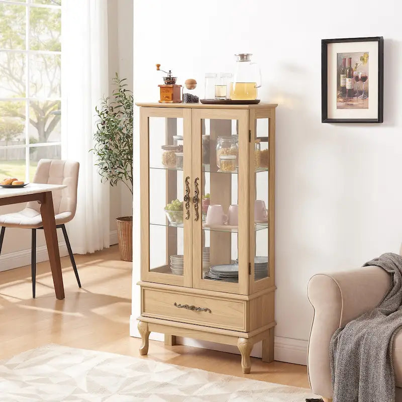 Lighted Glass Display Cabinet with 2 Doors and 1 Drawer