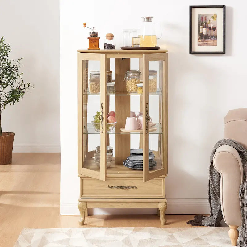 Lighted Glass Display Cabinet with 2 Doors and 1 Drawer