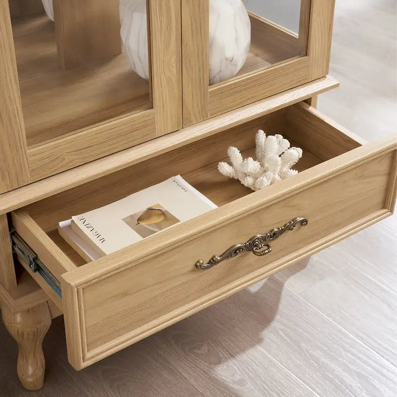 Lighted Glass Display Cabinet with 2 Doors and 1 Drawer