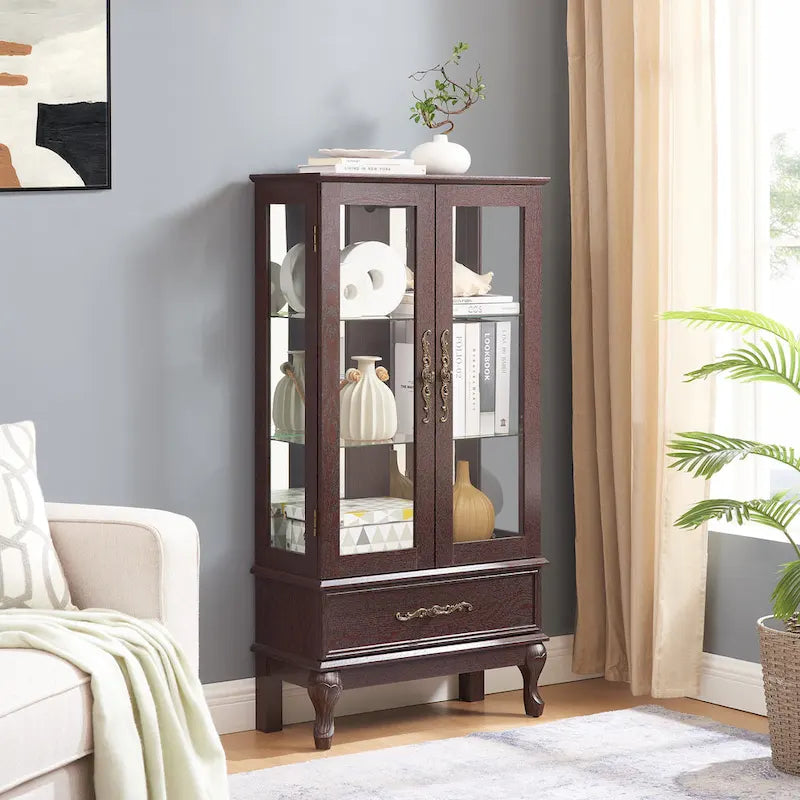 Lighted Glass Display Cabinet with 2 Doors and 1 Drawer