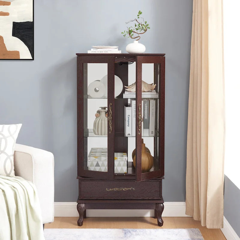 Lighted Glass Display Cabinet with 2 Doors and 1 Drawer