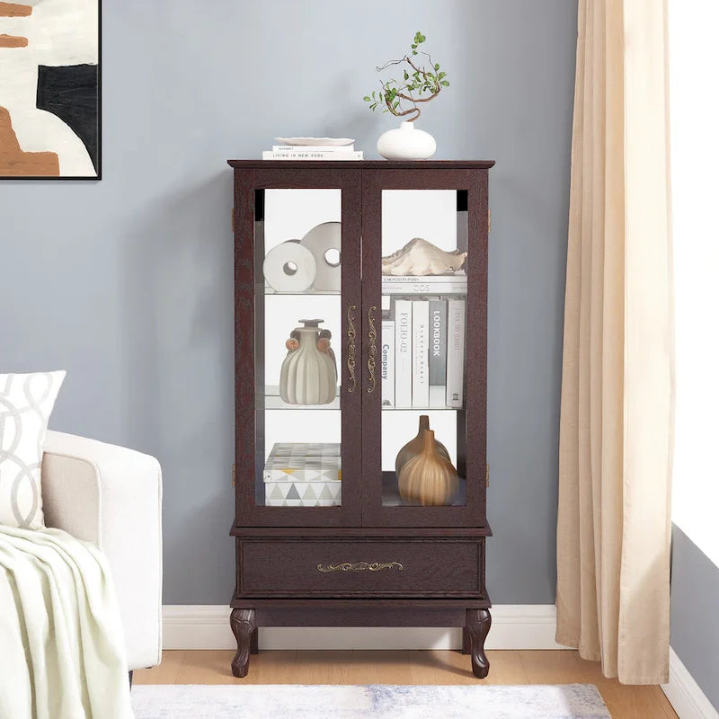 Lighted Glass Display Cabinet with 2 Doors and 1 Drawer