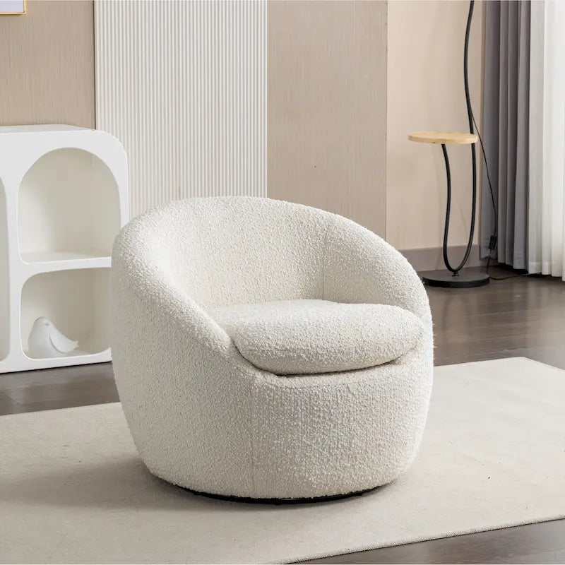 Boucle Upholstered Barrel Chair with 360° Swivel Base