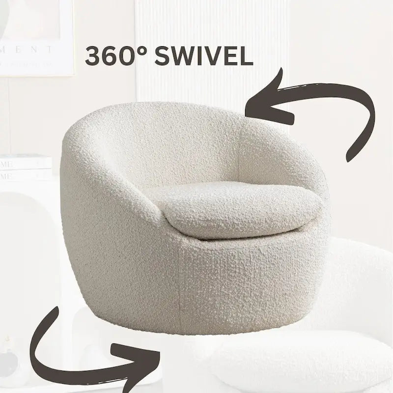 Boucle Upholstered Barrel Chair with 360° Swivel Base