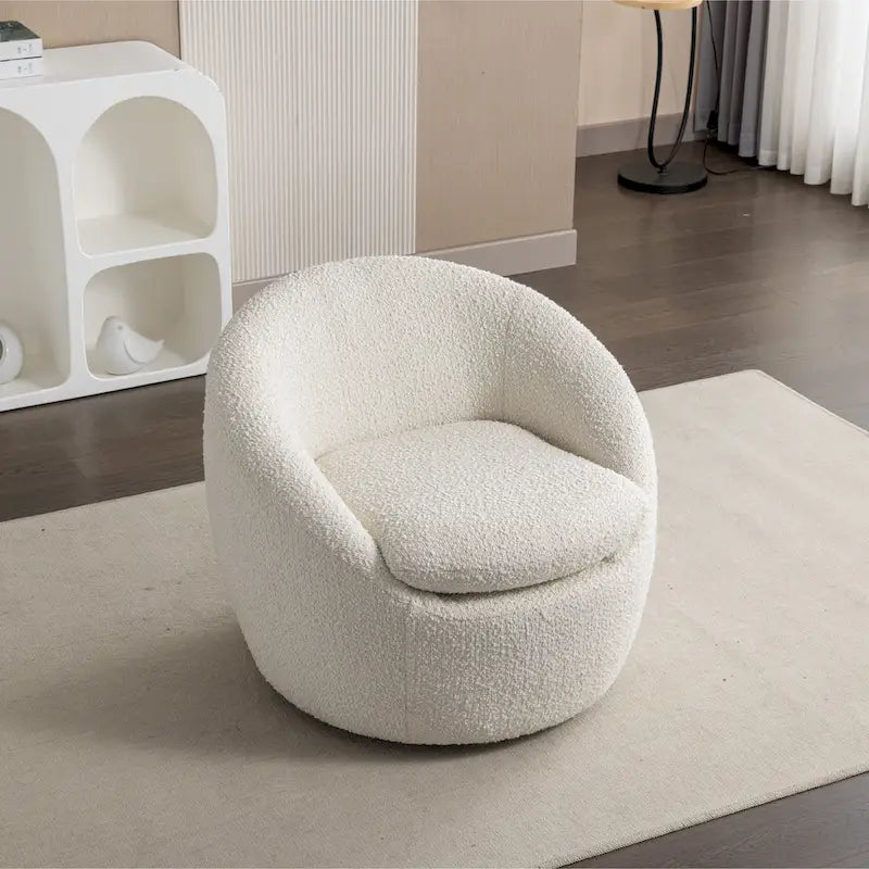 Boucle Upholstered Barrel Chair with 360° Swivel Base