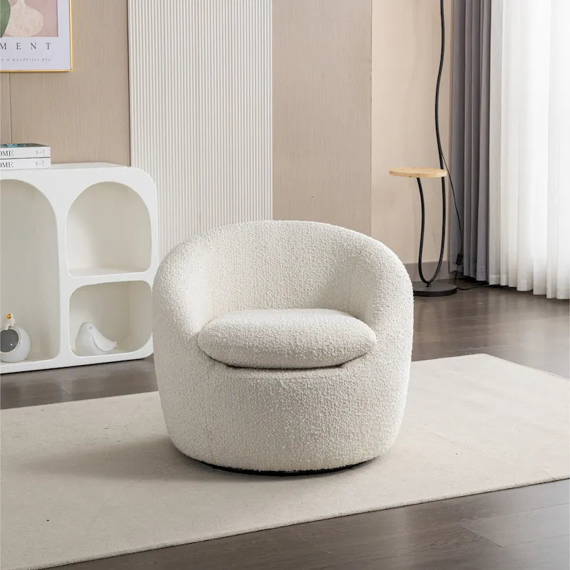 Boucle Upholstered Barrel Chair with 360° Swivel Base