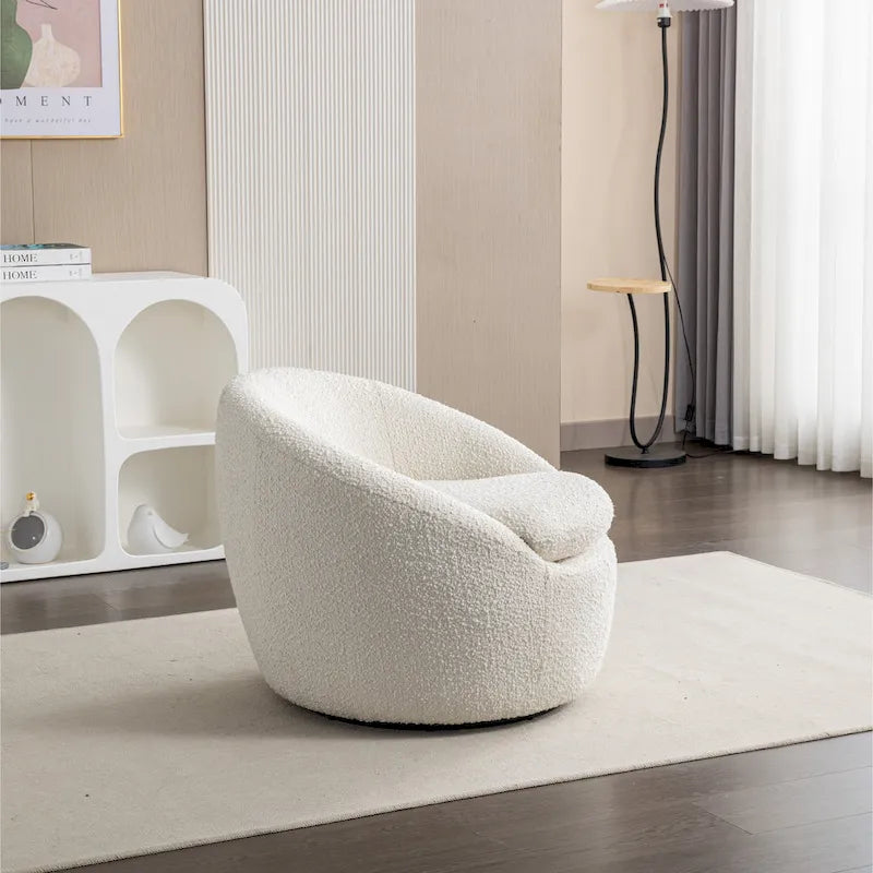 Boucle Upholstered Barrel Chair with 360° Swivel Base