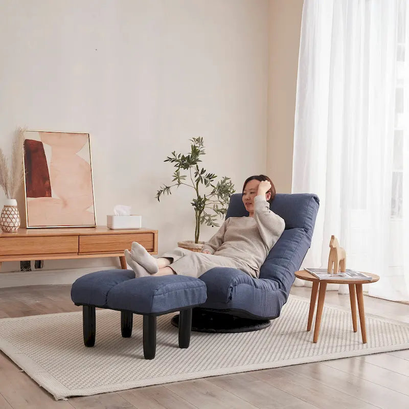 Navy Armless Swivel Recliner with Ottoman and Adjustable Headrest