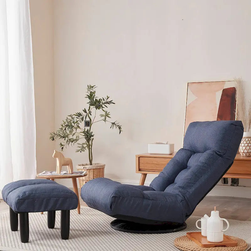 Navy Armless Swivel Recliner with Ottoman and Adjustable Headrest