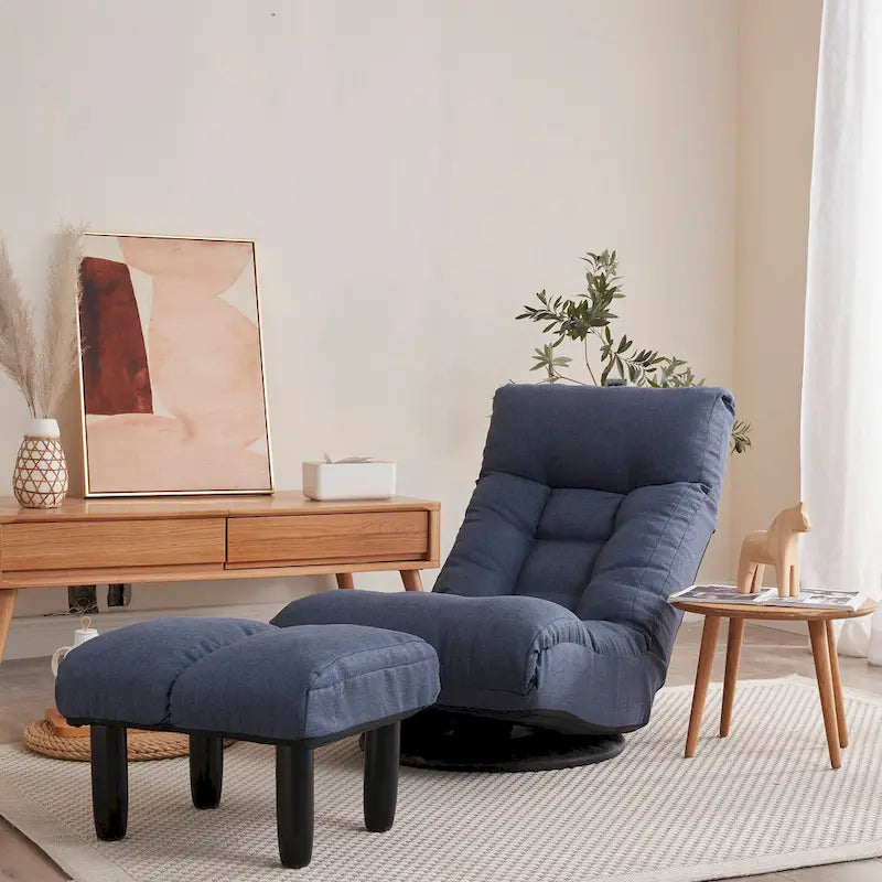 Navy Armless Swivel Recliner with Ottoman and Adjustable Headrest