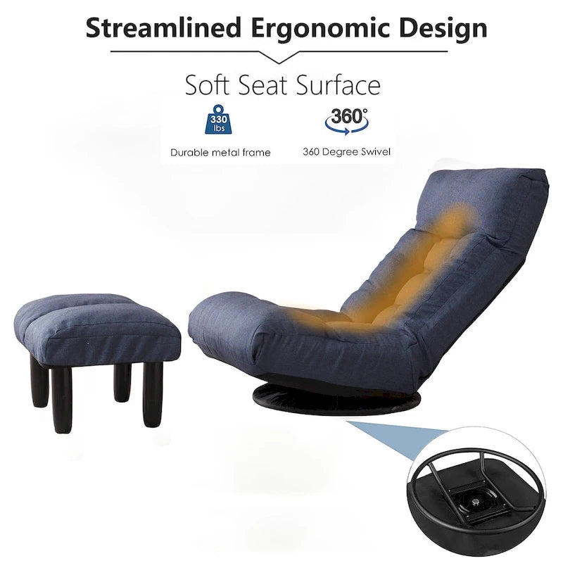 Navy Armless Swivel Recliner with Ottoman and Adjustable Headrest