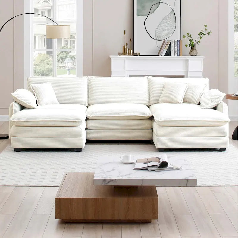 Beige Corduroy U-Shaped Modular Sectional Sofa with 2 Ottomans
