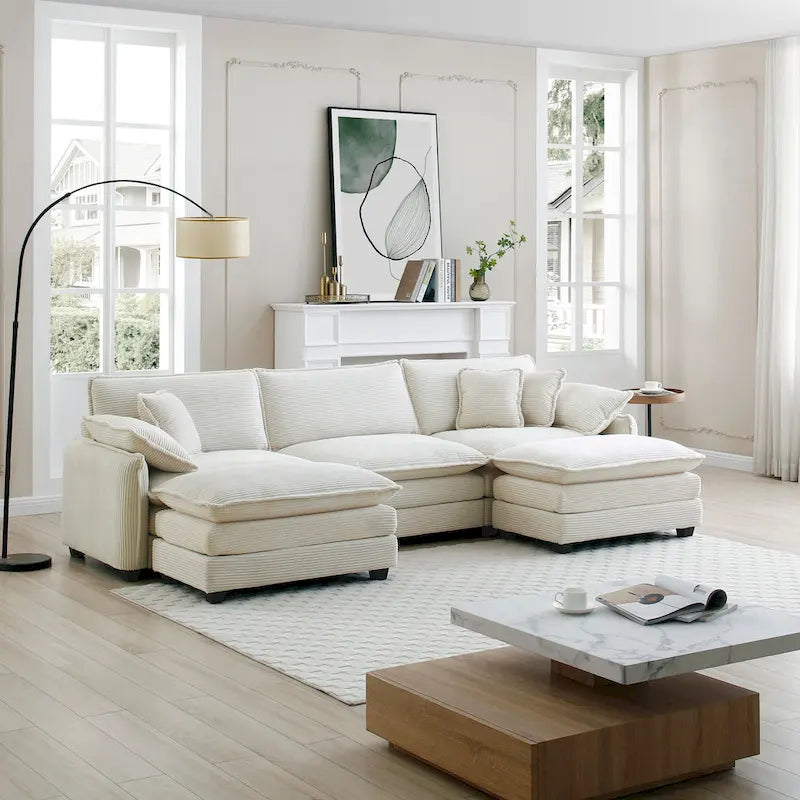Beige Corduroy U-Shaped Modular Sectional Sofa with 2 Ottomans