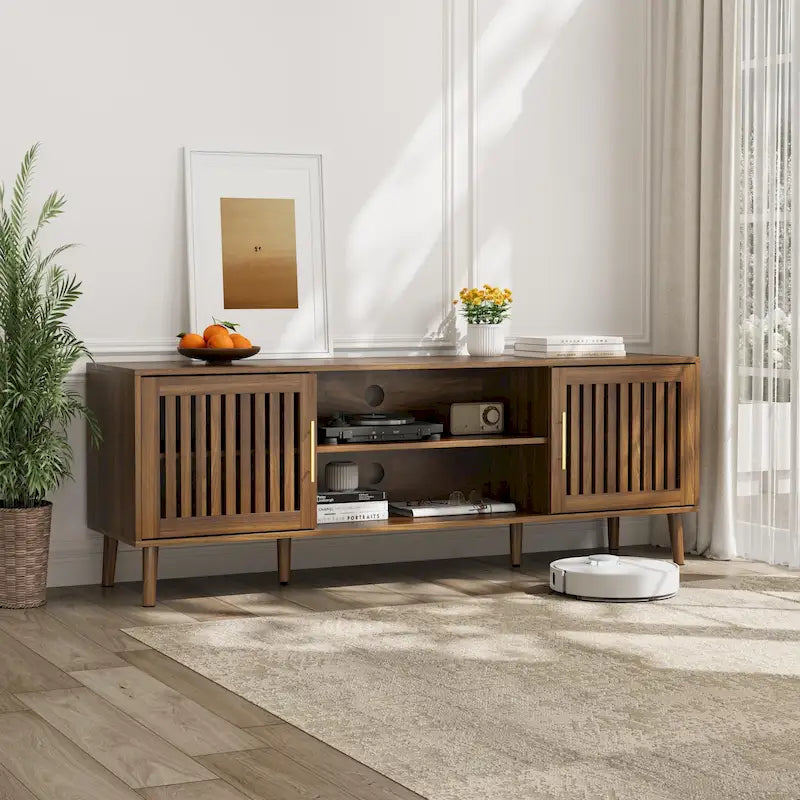 63 Inch TV Stand with Grille Door Cabinets and Adjustable Storage