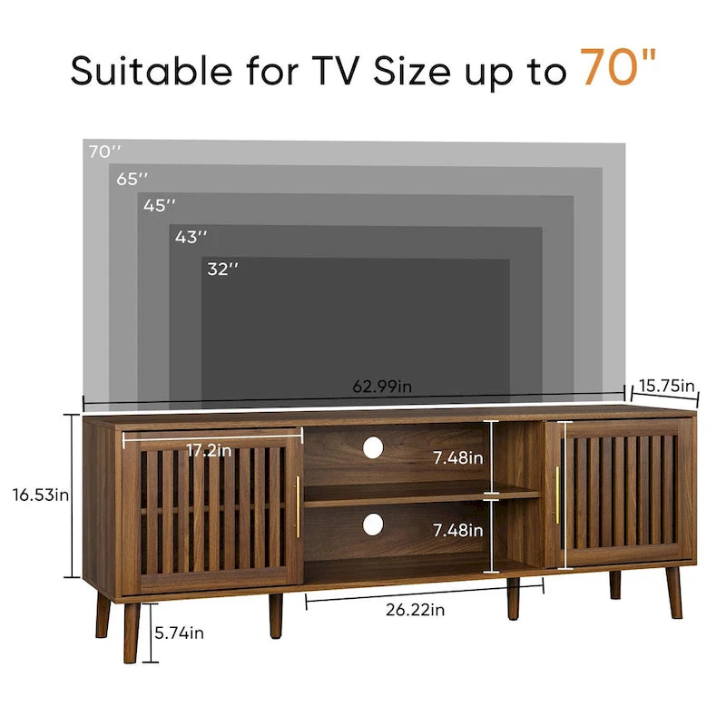 63 Inch TV Stand with Grille Door Cabinets and Adjustable Storage