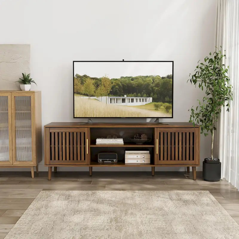 63 Inch TV Stand with Grille Door Cabinets and Adjustable Storage
