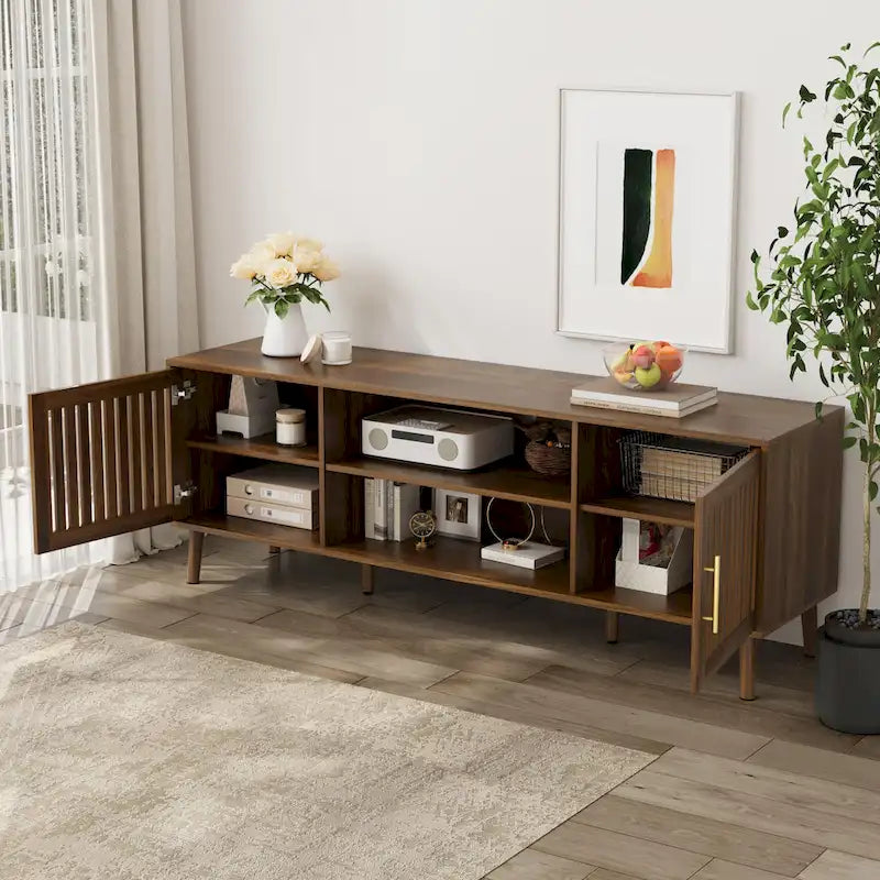63 Inch TV Stand with Grille Door Cabinets and Adjustable Storage