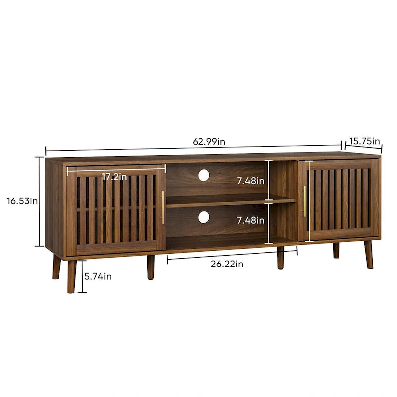 63 Inch TV Stand with Grille Door Cabinets and Adjustable Storage