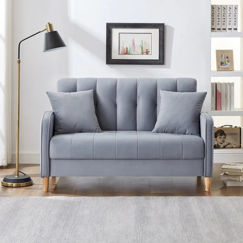 Beige Velvet Tufted Loveseat with Track Arms