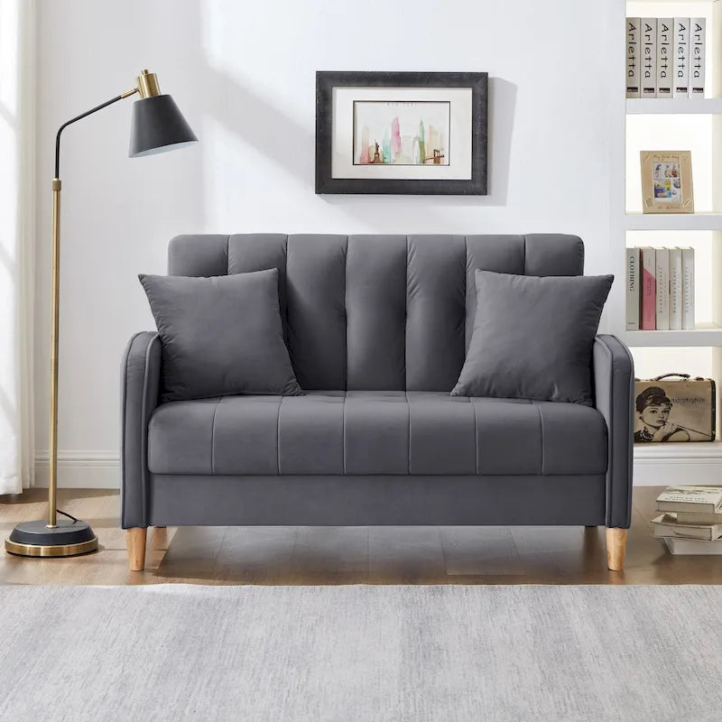 Beige Velvet Tufted Loveseat with Track Arms