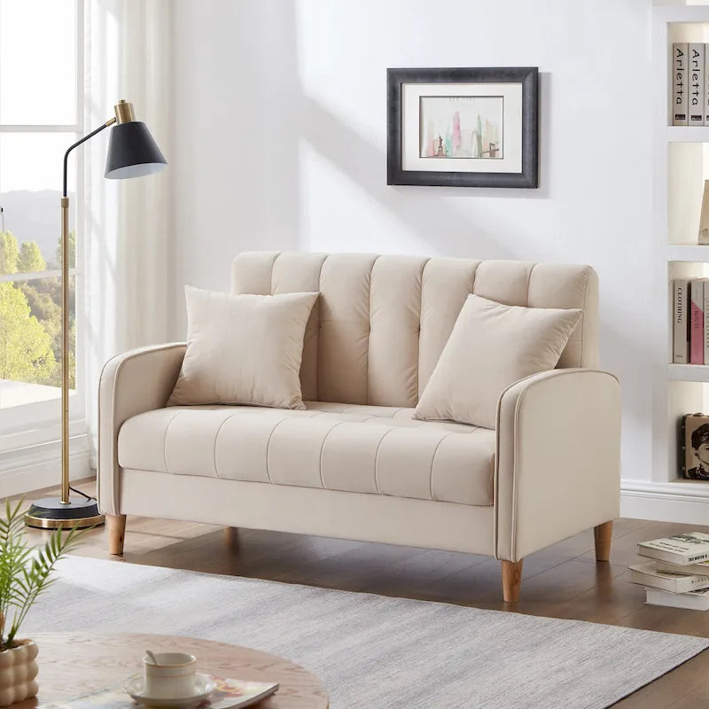 Modern Design Couch For Living Room Department Small Space Loveseat Smooth Velvet Upholstered Tufted Sofa Beige