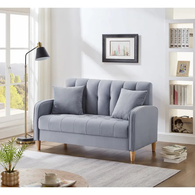 Beige Velvet Tufted Loveseat with Track Arms