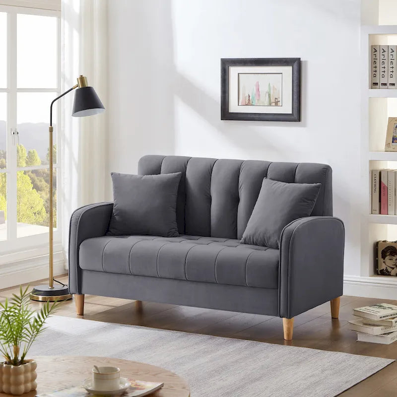 Beige Velvet Tufted Loveseat with Track Arms