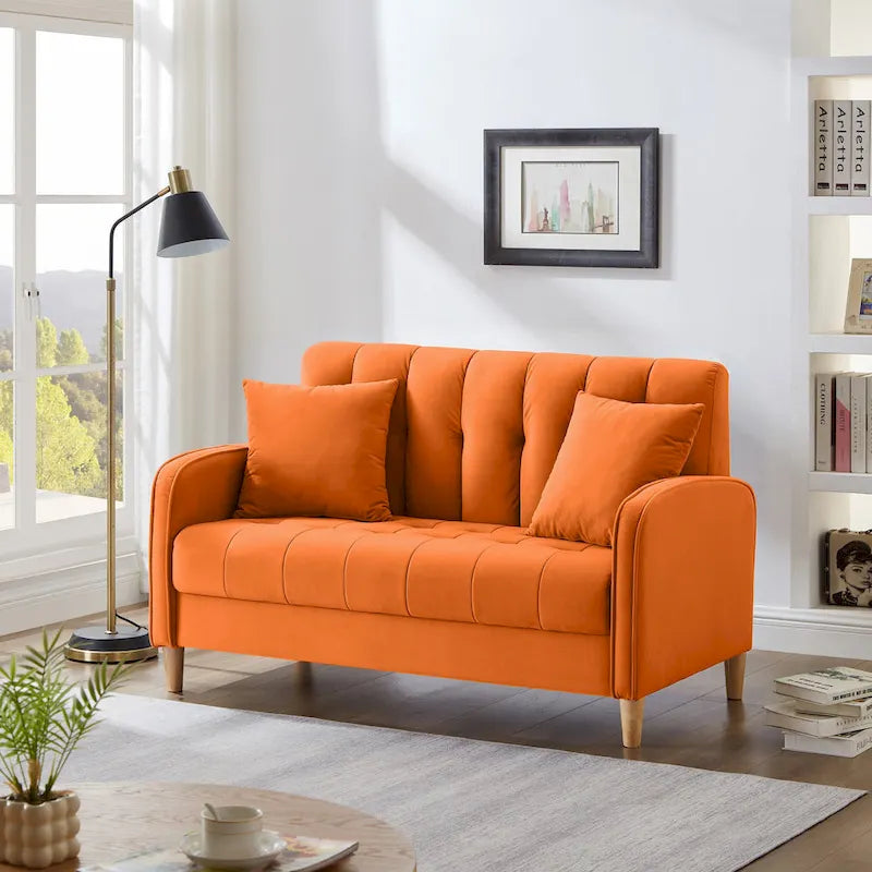 Beige Velvet Tufted Loveseat with Track Arms