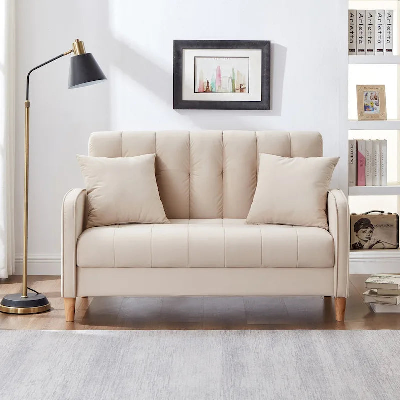 Beige Velvet Tufted Loveseat with Track Arms