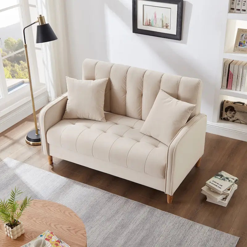 Beige Velvet Tufted Loveseat with Track Arms