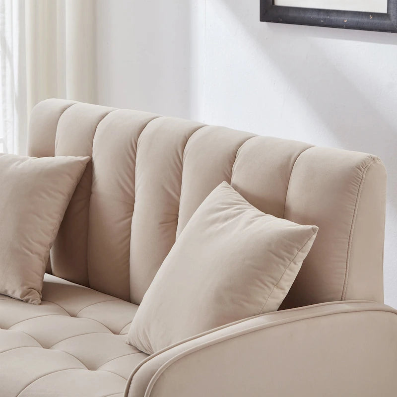 Beige Velvet Tufted Loveseat with Track Arms