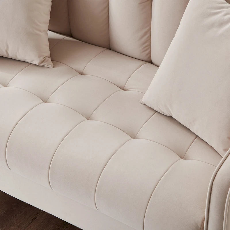 Beige Velvet Tufted Loveseat with Track Arms