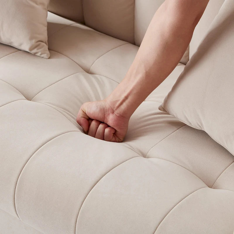 Beige Velvet Tufted Loveseat with Track Arms