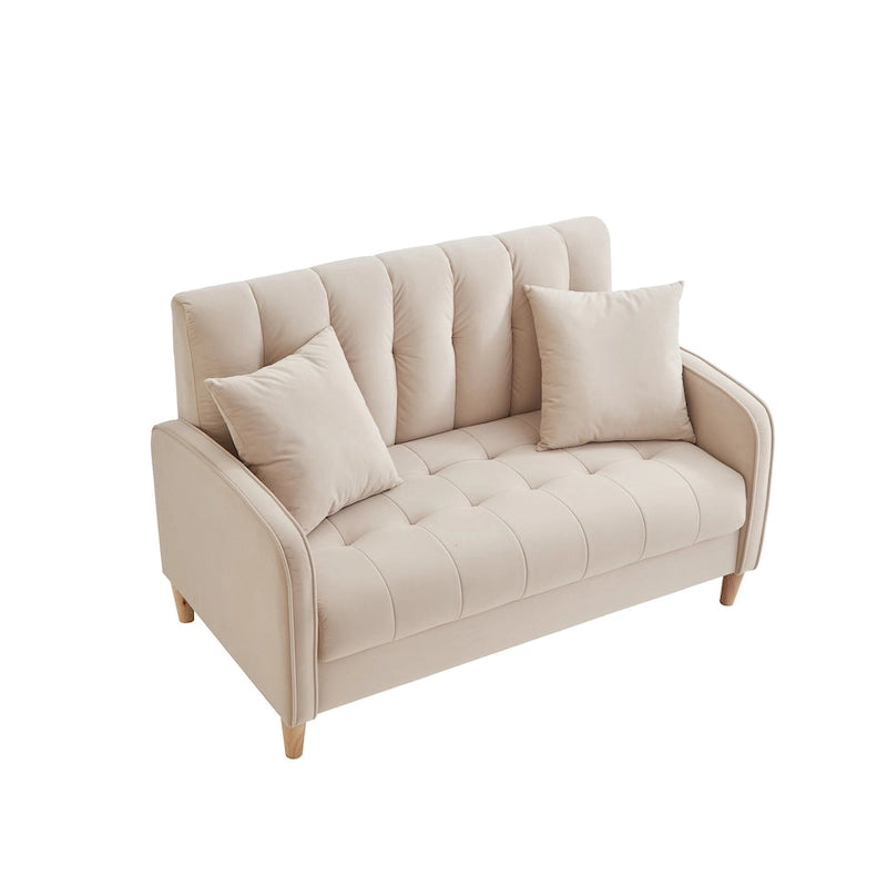 Beige Velvet Tufted Loveseat with Track Arms