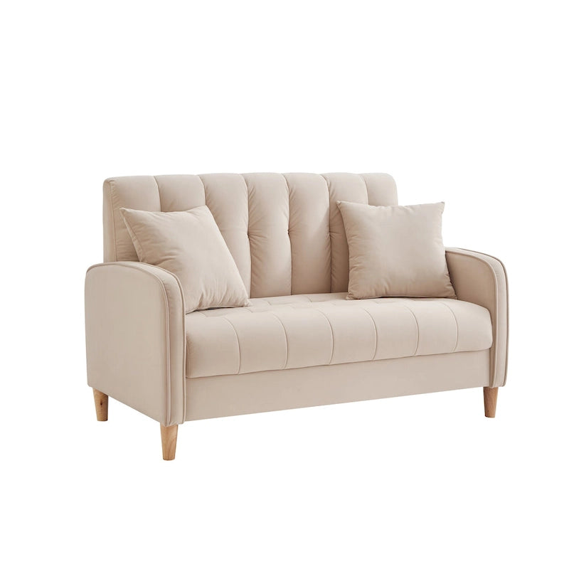 Beige Velvet Tufted Loveseat with Track Arms