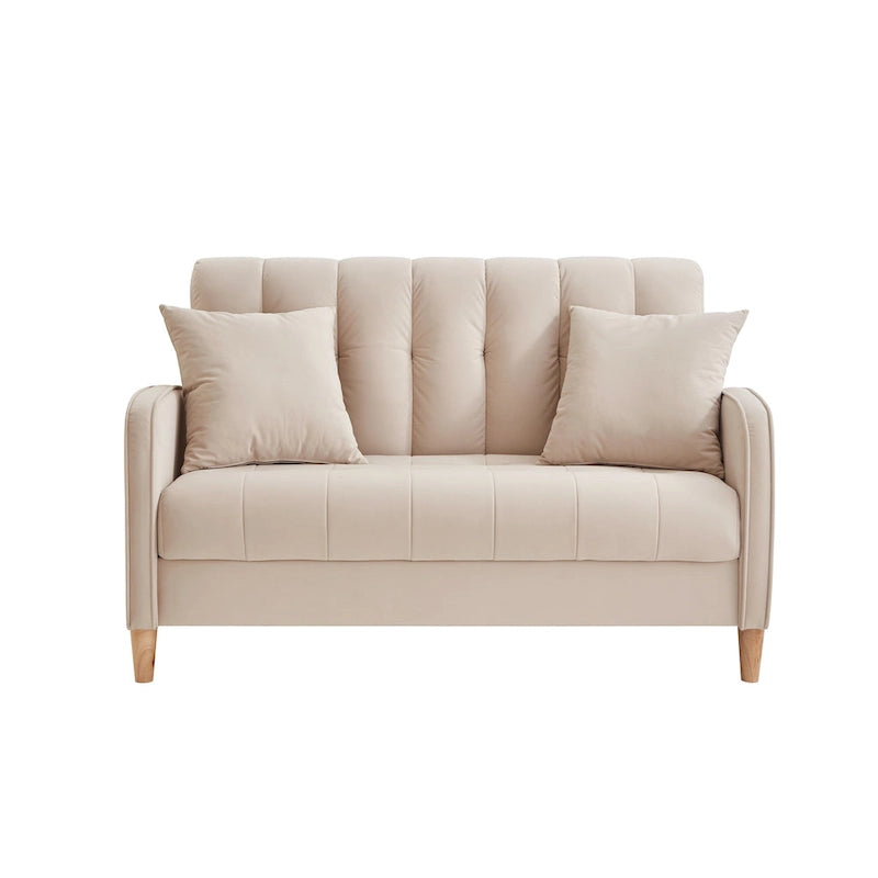 Beige Velvet Tufted Loveseat with Track Arms