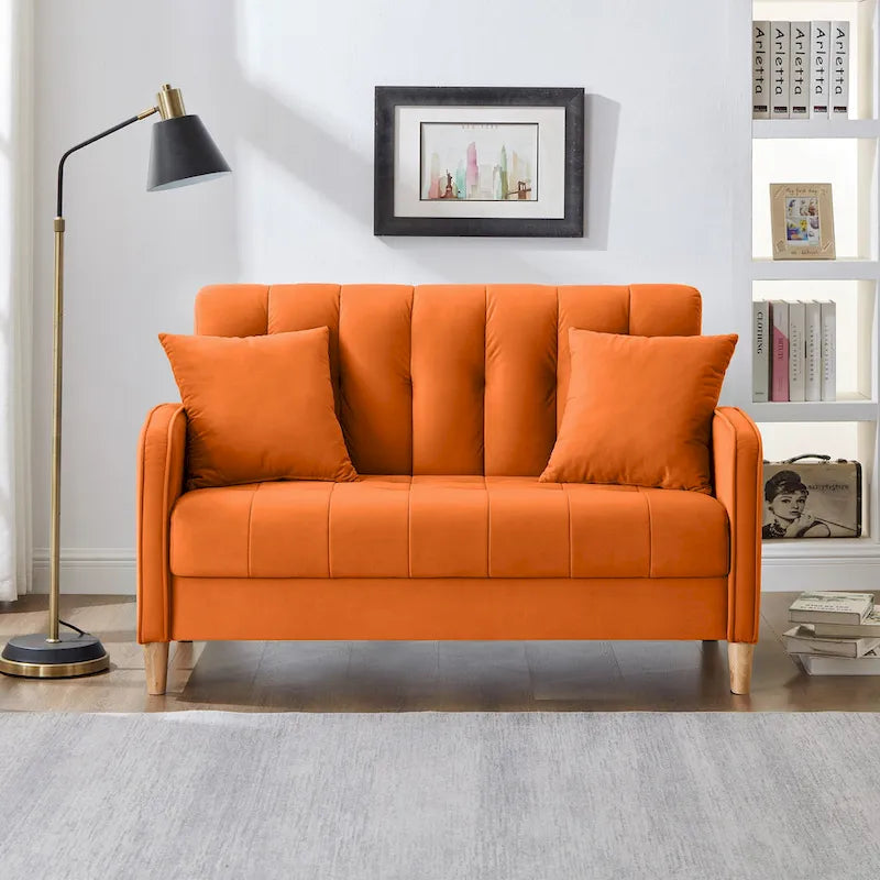 Beige Velvet Tufted Loveseat with Track Arms