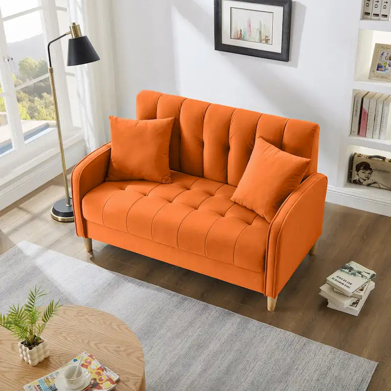 Beige Velvet Tufted Loveseat with Track Arms