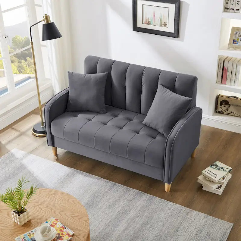Beige Velvet Tufted Loveseat with Track Arms