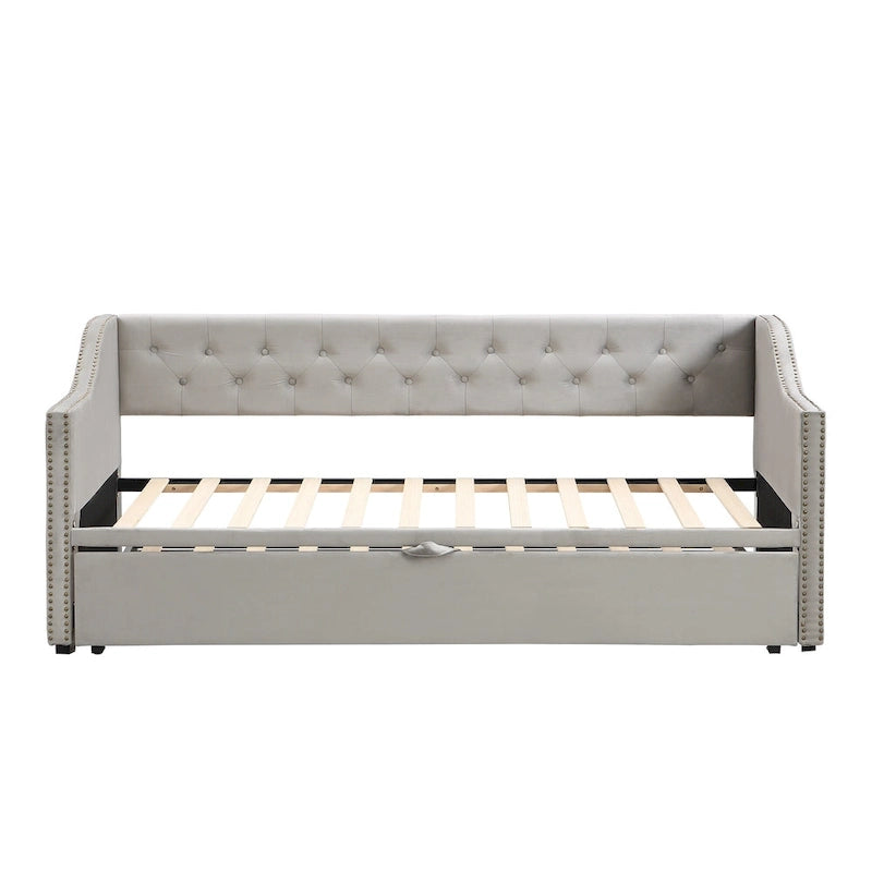 Twin Size Upholstered Daybed with Pop Up Trundle, Gray