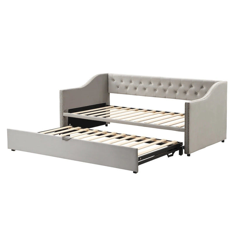 Twin Size Upholstered Daybed with Pop Up Trundle, Gray