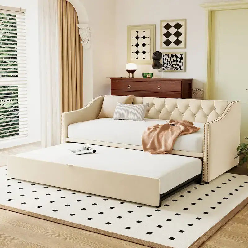 Twin Size Upholstered Daybed with Pop Up Trundle, Gray