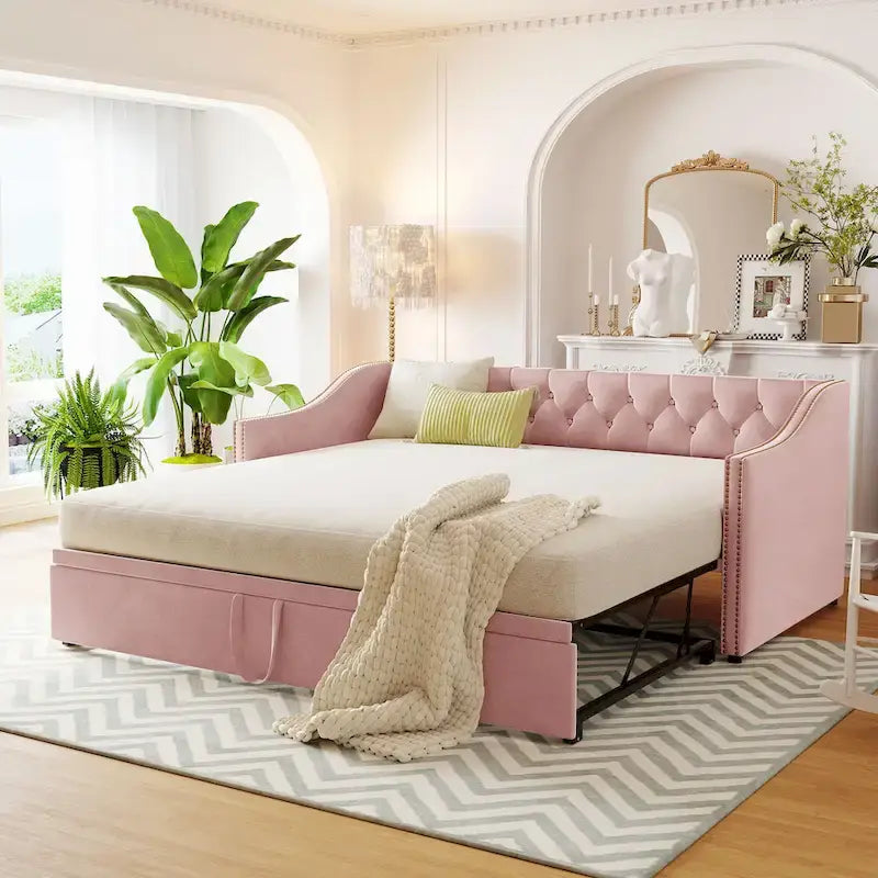 Twin Size Upholstered Daybed with Pop Up Trundle, Gray